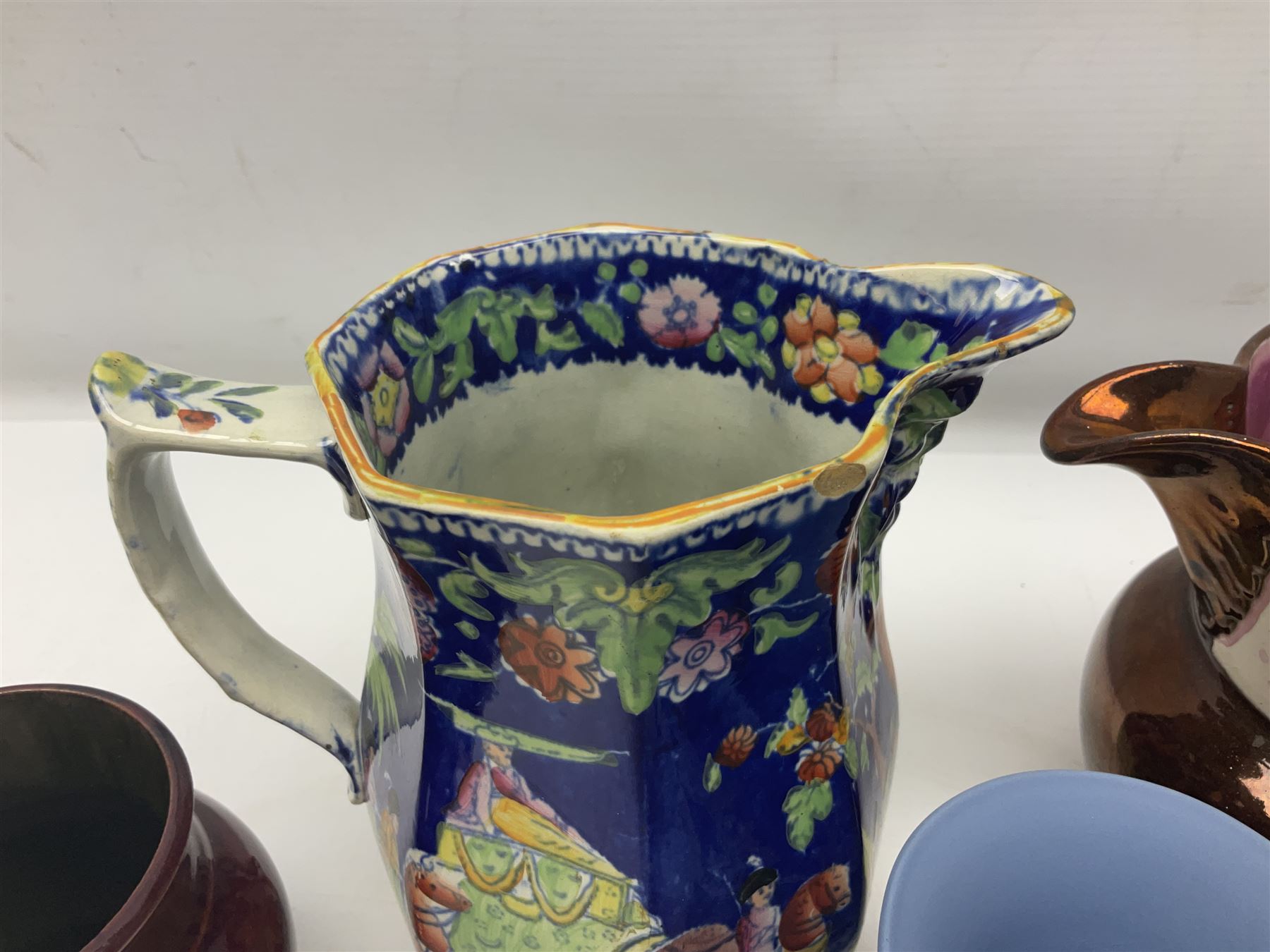 Franz jug, together with three lustre jugs, Wedgwood Jasperware vase and two others 