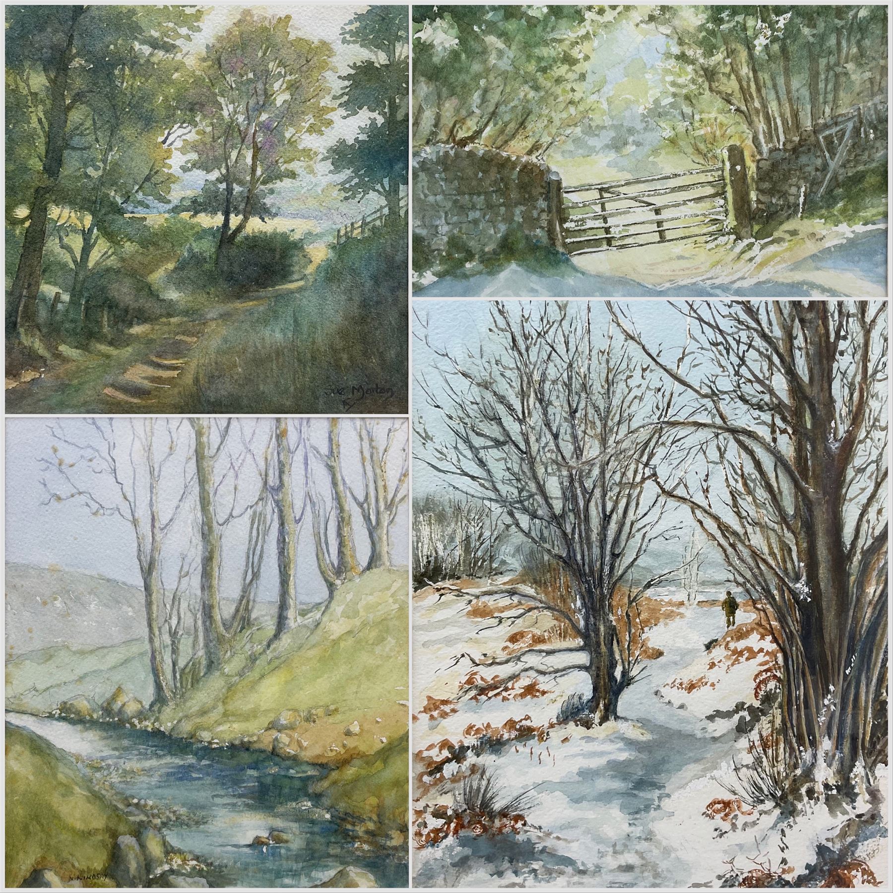 Norma Lindsay (Northern British 20th Century): Whitby Woodland Scenes, three watercolours signed max 33cm x 23cm; Sue Morton (British 20th Century): 'Featherbed Lane - Aislaby', watercolour signed, titled verso 20cm x 19cm (4)