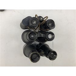 Nine binoculars to include Prinz 10x50, Prinzlux 10x50,  Ellgee Cadet 8x25, Mark Scheffel 35x50 etc, eight with cases