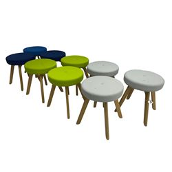 Connection Furniture - set nine oak framed low stools, circular seat upholstered in blue, grey, lime green or navy blue fabric, raised on splayed supports