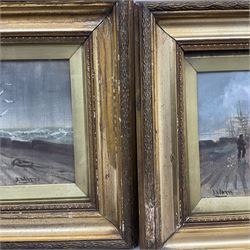 J Watts (British 19th century): Jetty Harbour Scenes, pair oils signed 18cm x 43cm (2)