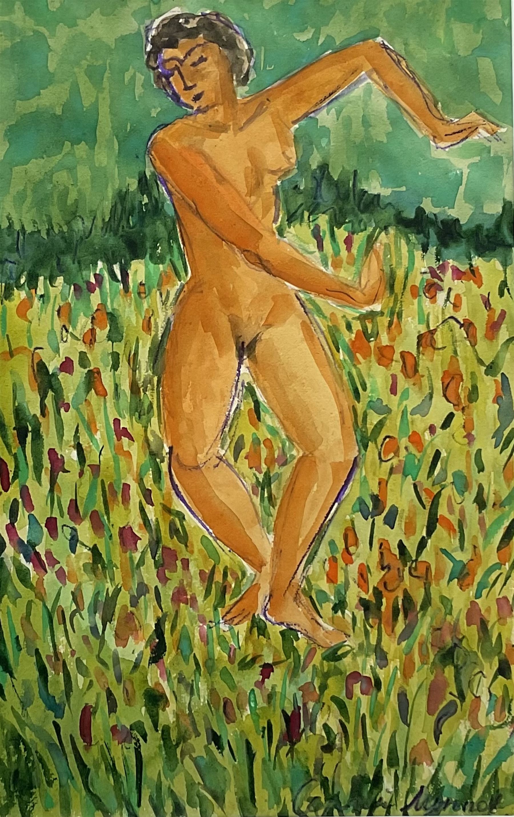 Sergie Luppov (Russian 1893-1977): Female Nude dancing in the Fields, watercolour signed 42cm x 27cm