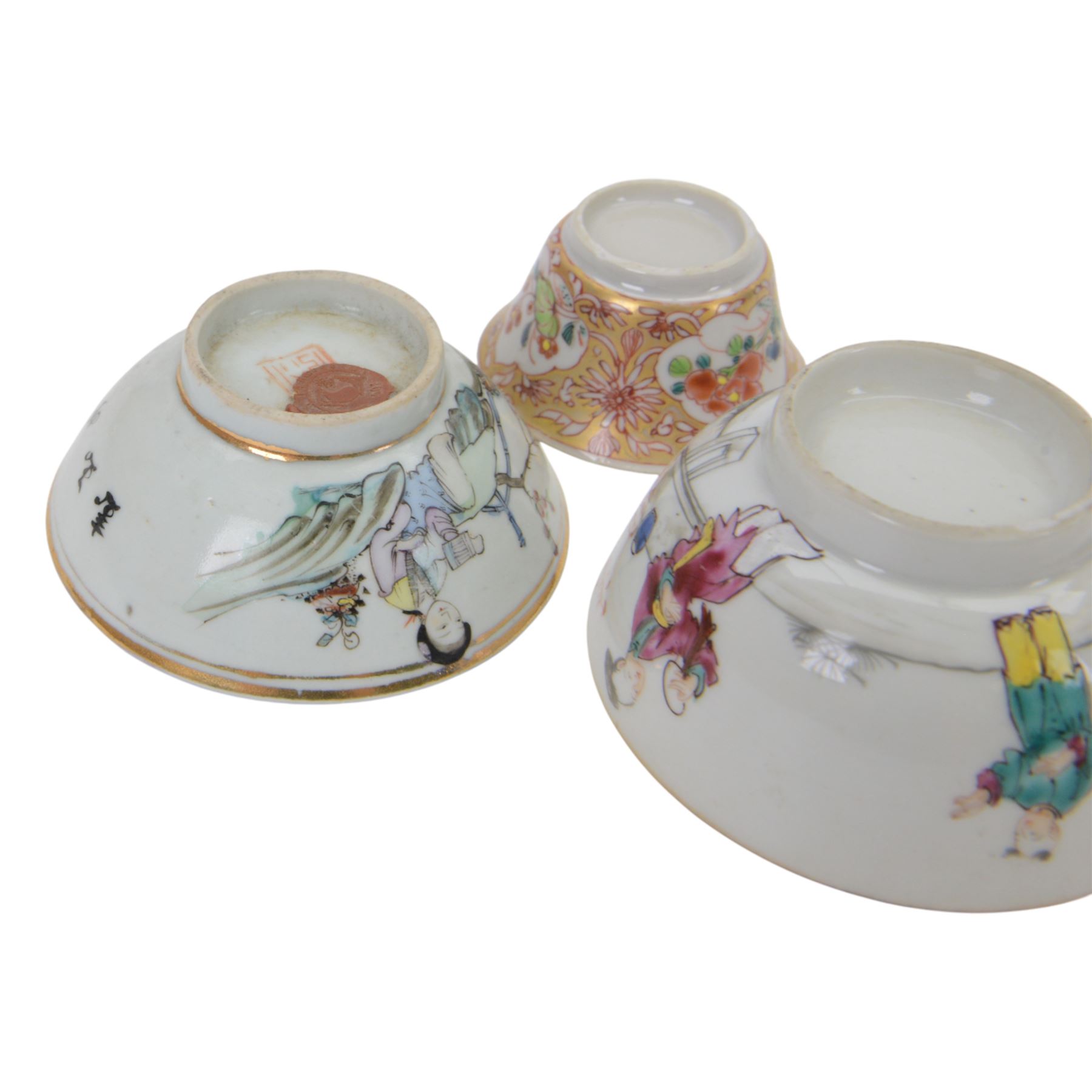 18th century and later Chinese tea bowls, including polychrome example decorated with a deer amongst flowering foliage, another with internal decoration of a figure, the exterior with panels of flowers amongst a gilt ground etc  