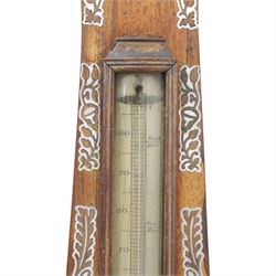 Three wheel barometers, a mother of pearl inlaid mahogany case, swan neck pediment, thermometer and circular dial, H 92cm, the second Sheraton Revival style with floral inlay, swan neck pediment, thermometer and circular dial, H 102cm, the third Sheraton Revival style, H 95cm (3)