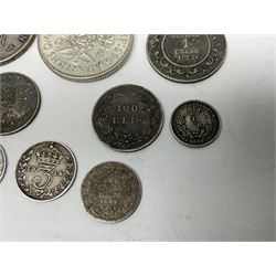 Twelve World coins, including William IIII United Colony of Demerary and Essequibo 1832 one eight guilder, United States of America 1857 quarter dollar, Tunisia 1891 one franc etc 