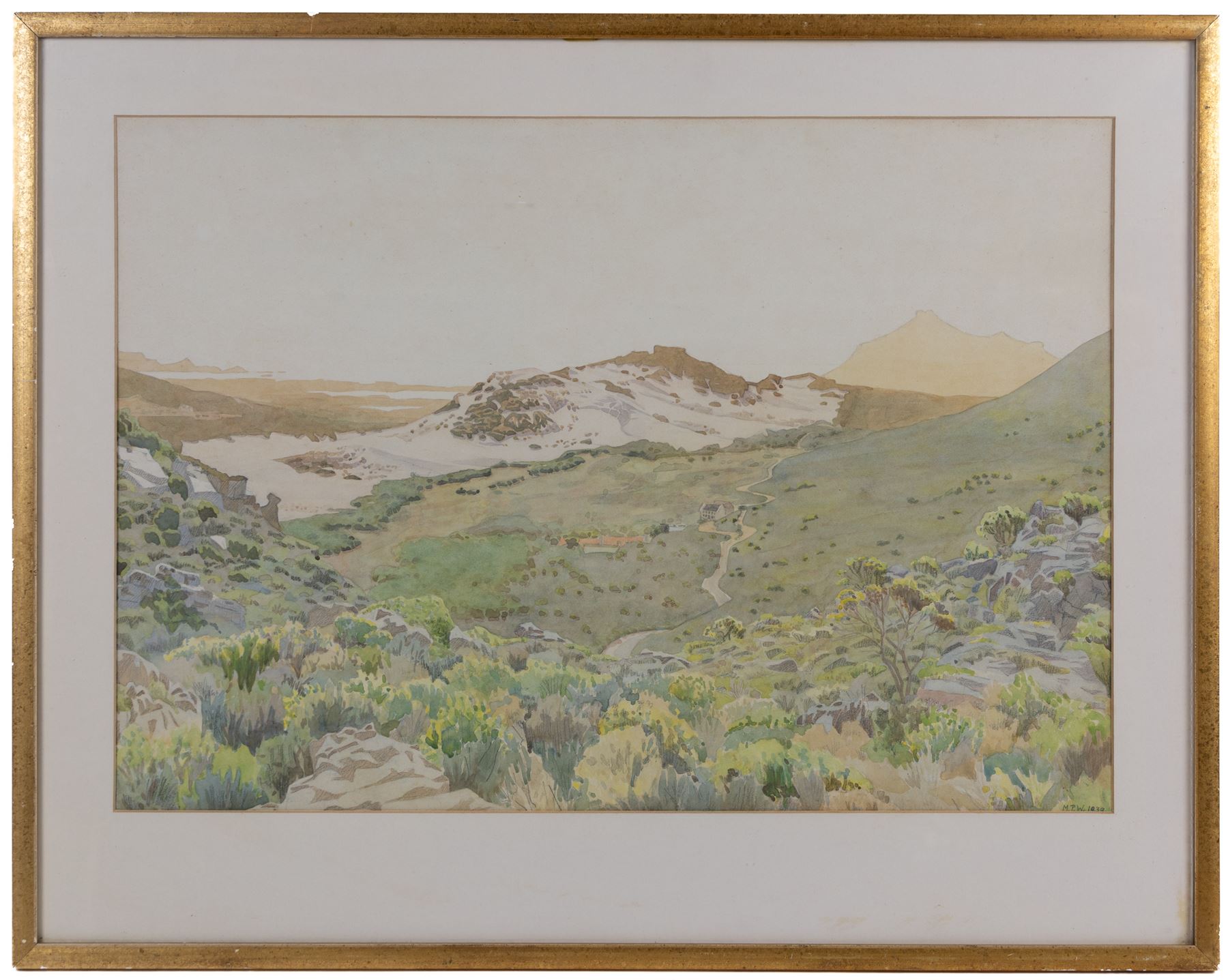 English School (20th Century): 'View Over the Golf Course Between Kalk Bay (Cape Peninsula) & the Atlantic Ocean', watercolour signed with initials MPW, titled on Frost & Reed label and with Royal Academy label verso, 42cm x 60cm  