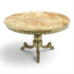 Victorian design marble topped gilt metal coffee table, circular cream and orange veined m...