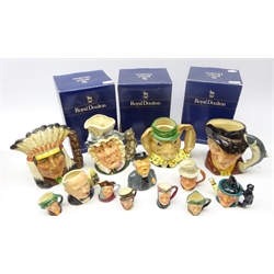  Collection of Royal Doulton and other character jugs including The Cook and the Cheshire Cat, The March Hare, The Poacher, North American Indian and other smaller characters, three boxed  