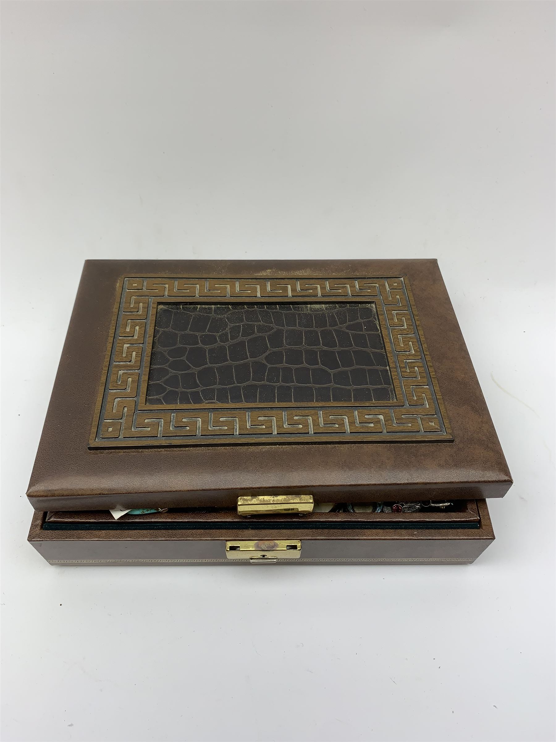 Vintage and later costume jewellery comprising a Brid's claw brooch with silver-plated mounts, micro mosaic circular brooch, Cameo brooch, a ladies gilt brass pocket watch, early 20th century Chinese carved ivory brooch and other items of jewellery contained in a modern jewellery box 