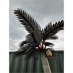 Designer Palms - shaped metal full size palm tree, double curved trunk with large metal fronds and pair of coconut lights, on rectangular base - THIS LOT IS TO BE COLLECTED BY APPOINTMENT FROM DUGGLEBY STORAGE, GREAT HILL, EASTFIELD, SCARBOROUGH, YO11 3TX