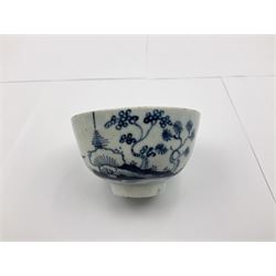 Group of 18th century porcelain comprising a Cannonball pattern tea bowl and saucer, Liverpool saucer painted in underglaze blue with floral sprays and a crowsfoot border, Birds on a Branch pattern bowl D11cm, possibly Liverpool, and another tea bowl