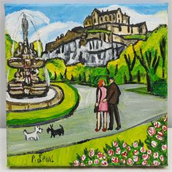 Phil Lewis (Northern British Contemporary): 'Edinburgh Castle Scotties Spring Stroll', oil and acrylic on canvas signed, titled verso 20cm x 20cm