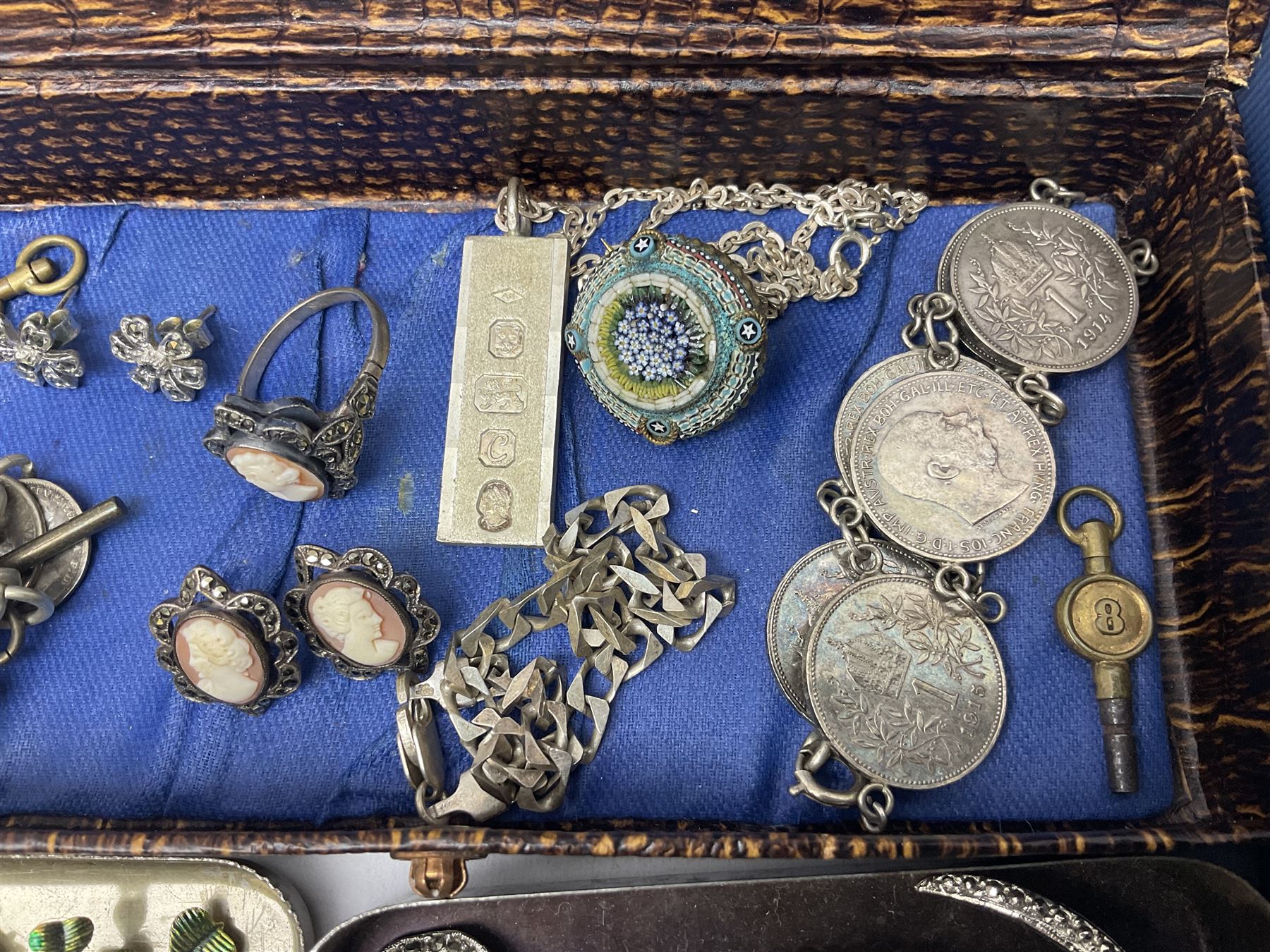 Silver jewellery, including ingot pendant, cameo ring and earrings and bracelet, together with a collection of costume brooches and necklaces, and two pocket watches