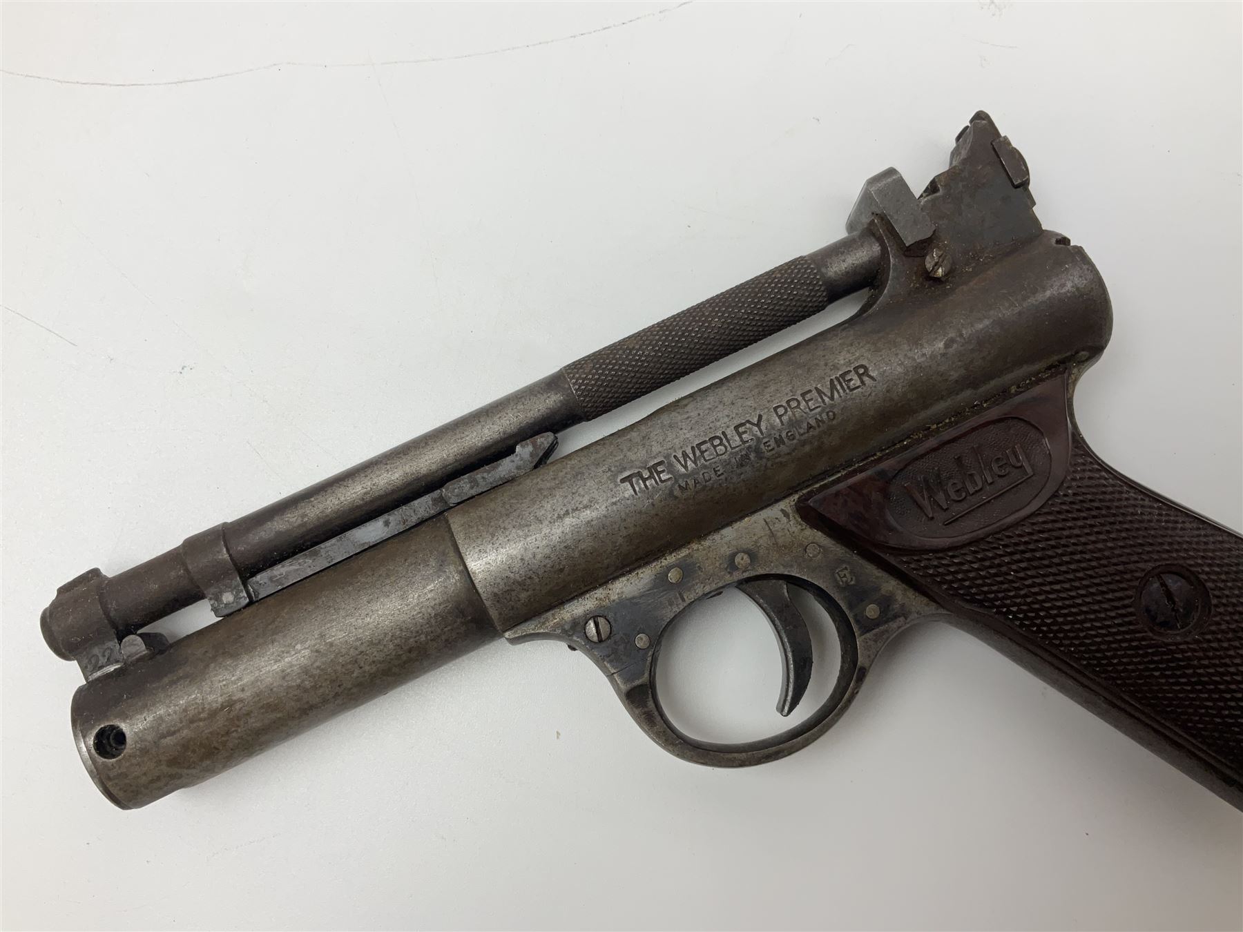 Webley & Scott Premier .177 over lever air pistol, no.2360, with chequered bakelite grip L24cm overall; Diana SP50 .177 plunge barrel air pistol; and T.J. Harrington & Son 'The Gat' .177 plunge barrel air pistol; NB: AGE RESTRICTIONS APPLY TO THE PURCHASE OF THIS LOT (3)