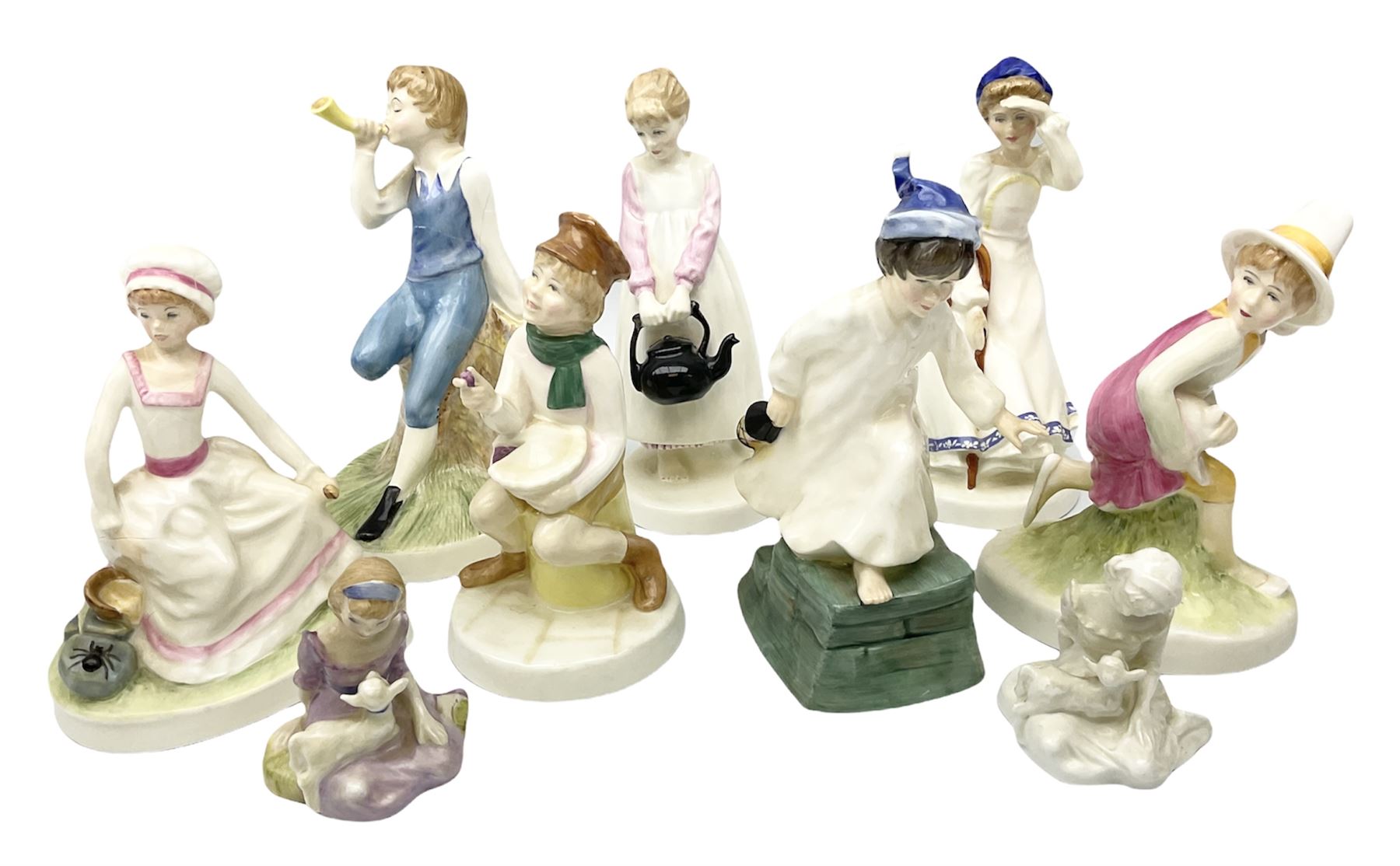 Seven Royal Doulton figures from the Nursery Rhymes Collection comprising, Tom Tom, the piper's son HN3032, Little Jack Horner HN3034, Wee Willie Winkie HN3031, Polly, put the kettle on HN3021, Little Bo-peep HN3030, Little Boy Blue HN3035, Little Miss Muffet HN2727, together with two Royal Doulton Mary had a little lamb figures HN2048 and COPR1948, all with printed marks beneath  