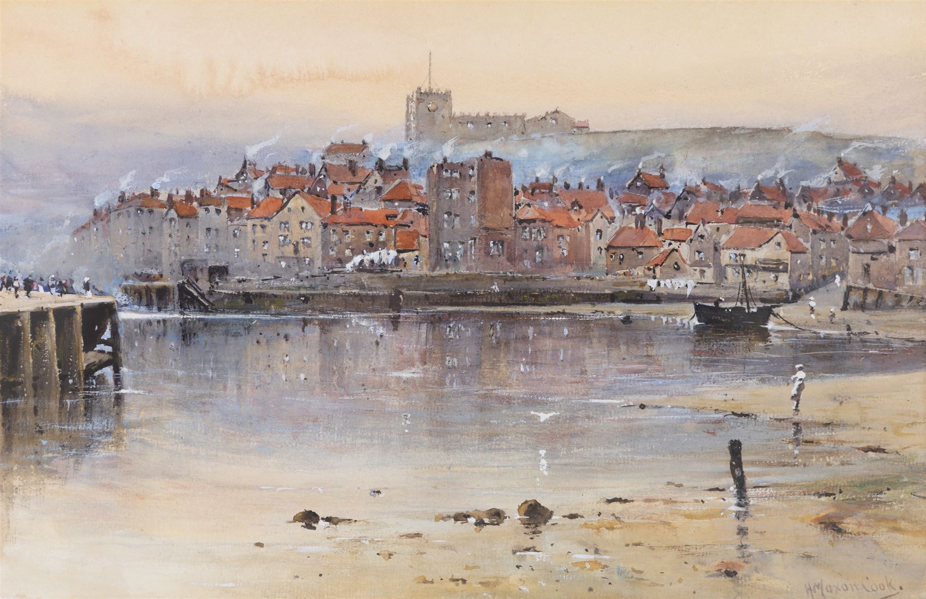 Herbert Moxon Cook (British 1844-1928): Whitby Chimneys at Dusk, watercolour heightened with white signed 20cm x 31.5cm 