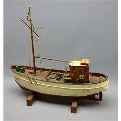  Wooden planked hull scale model of the Danish Fishing Boat Gina.2, E714 from Esbjerg, lift off wheelhouse with motor provision, on stand, L51cm, H41cm, W15cm  