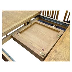 Light oak extending dining table, with four chairs, breadboard ends with integrated fold out leaf with latches, on square supports, tall slatted backrest with brown leather drop in seat  

(Extended 165cm)