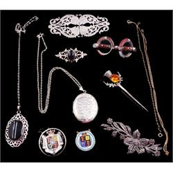 Victorian and later silver jewellery including fish design buckle by Rolason Brothers, Birmingham 1887, Scottish hardstone brooch, paste stone thistle brooch by Ward Brothers, Whitby jet brooch and pendant, locket, marcasite flower brooch, two enamel coins and two 9ct gold chains, all hallmarked or tested