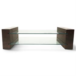 ML DS - Contemporary two-tier coffee table, brown leather-covered frame supporting a recta...