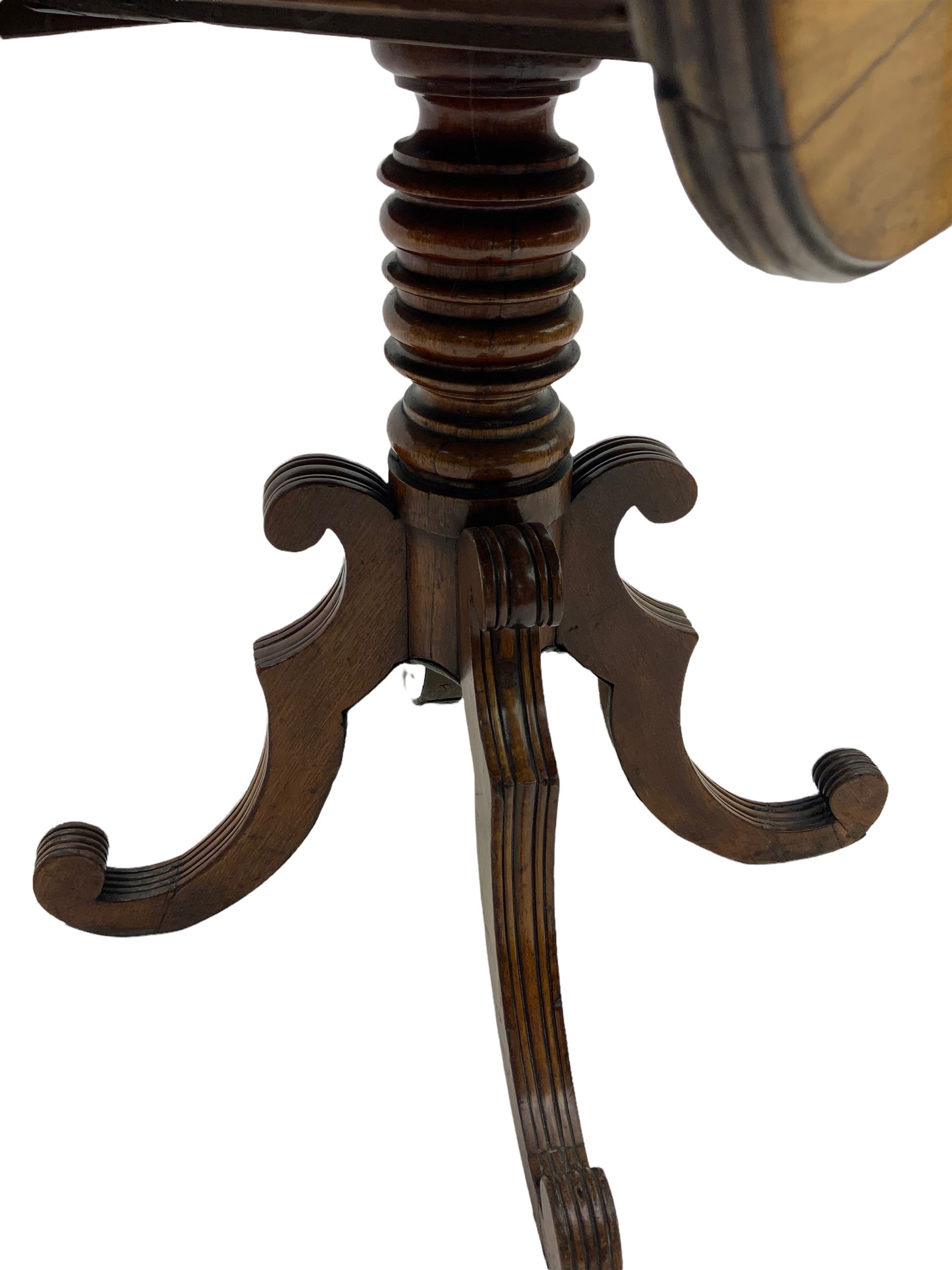 Georgian mahogany pedestal table, drop leaf top, two drawers, quatrefoil base