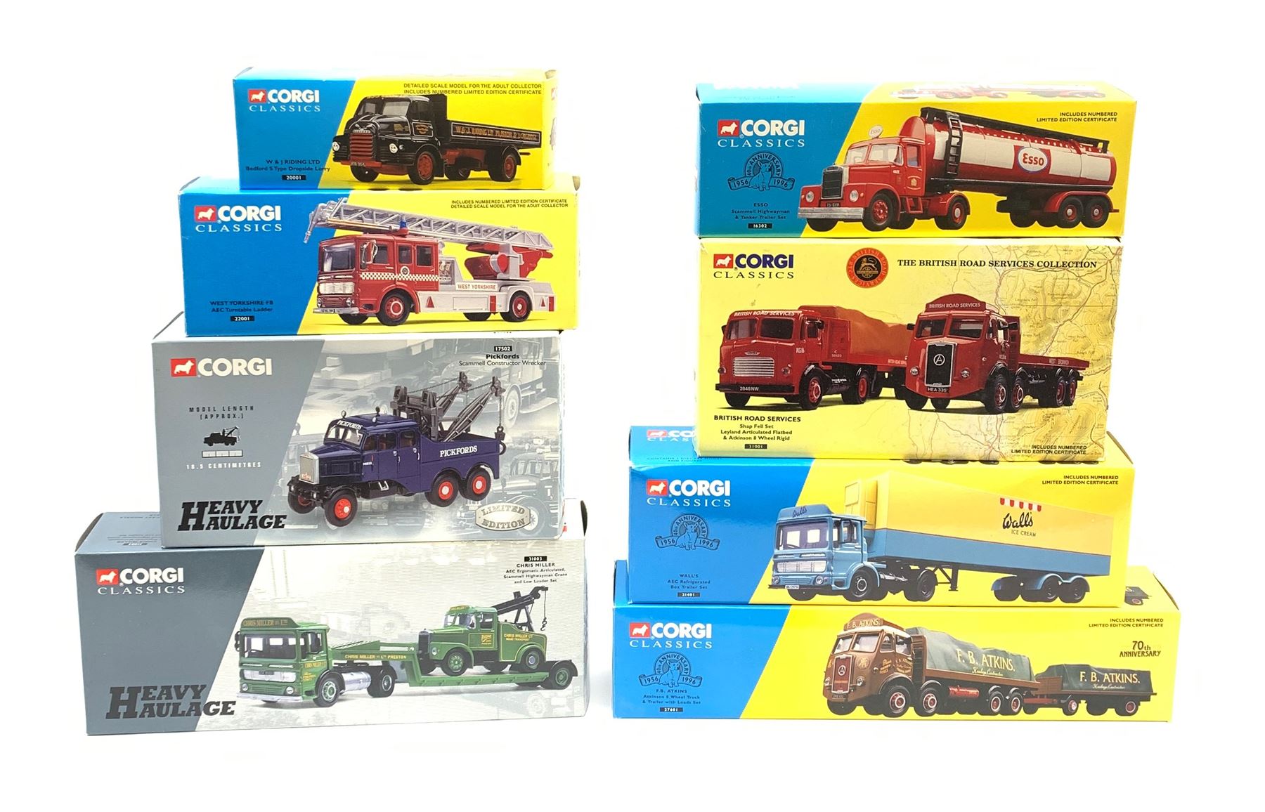 Three Corgi Heavy Haulage limited edition models - 17502 Pickford's Scammell Constructor Wrecker and 31003 Chris Miller AEC Articulated Scammell Highwayman; and six Classics limited edition commercial vehicles 16302, 20001, 21401, 22001, 27601 & 31001; all mint and boxed with certificates (8)