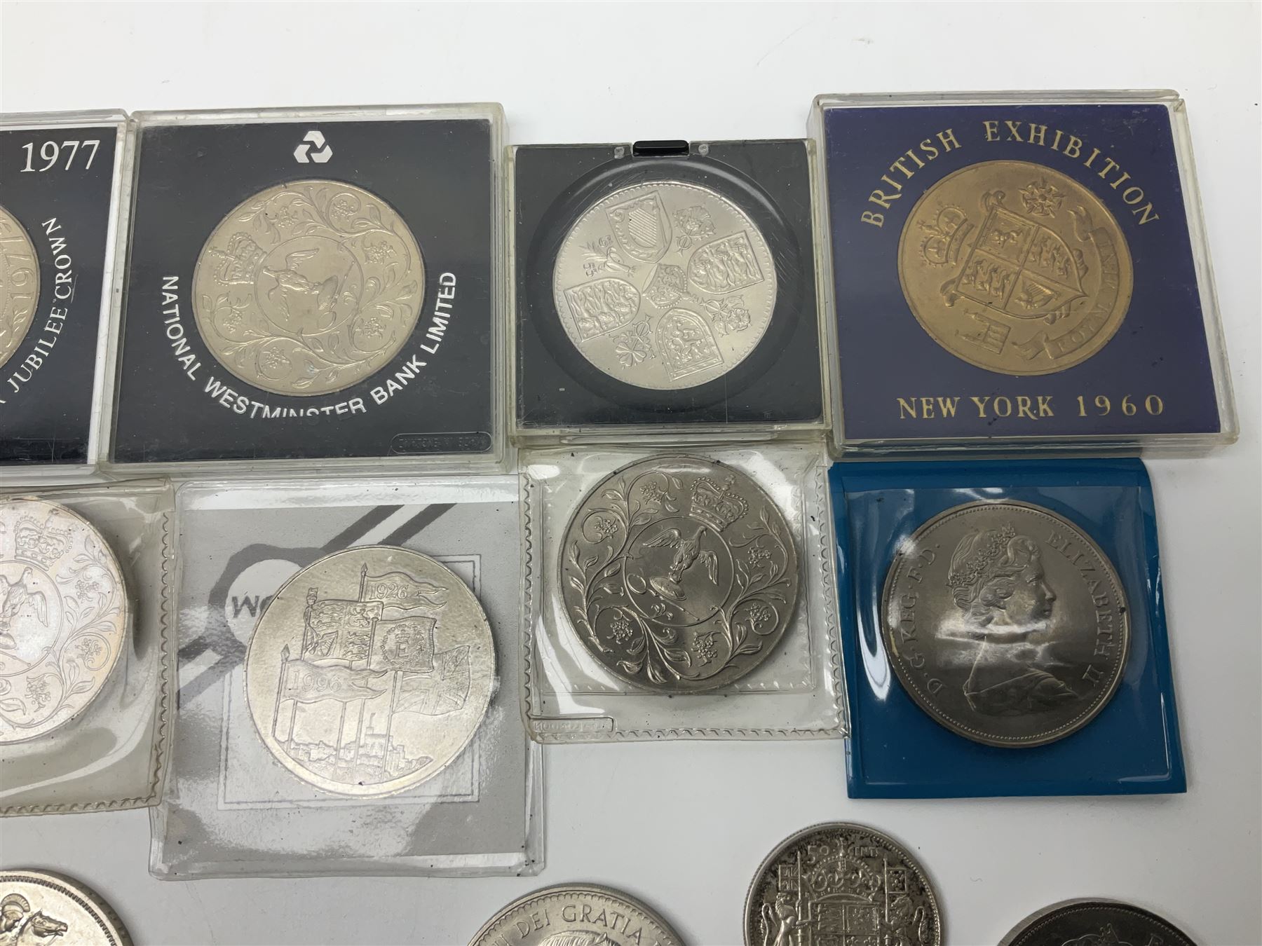 King George VI 1937 crown coin, various commemorative crowns, Queen Elizabeth II Canada 1957 and 1959 fifty cent coins, four Great British five pound coins, United States of America 1964 half dollar etc