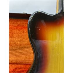 Fender three-tone Sunburst 12-string electric guitar c1965/6 Fullerton USA, with alder body and maple neck, the Indian rosewood fretboard with twenty-one frets and pearloid dot markers, fender electric XII bridge, F-stamp tuners (non-original), two split single coil pick-ups, master volume and tone and four-way switch, serial no.129730, L108cm; in original Fender case bearing label for Rivington Guitars New York with copy of original invoice; together with GuitarKes set-up and service certificate dated October 2021
