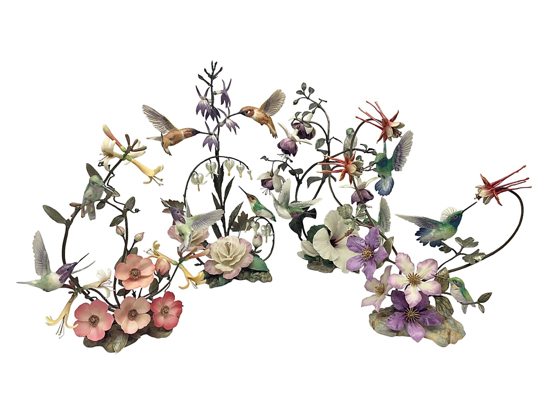 Franklin Mint House of Faberge, four humming bird figure groups, comprising Flight of Fancy, Beauty in Bloom, Splendor in the garden and The Enriched Garden, largest H35cm