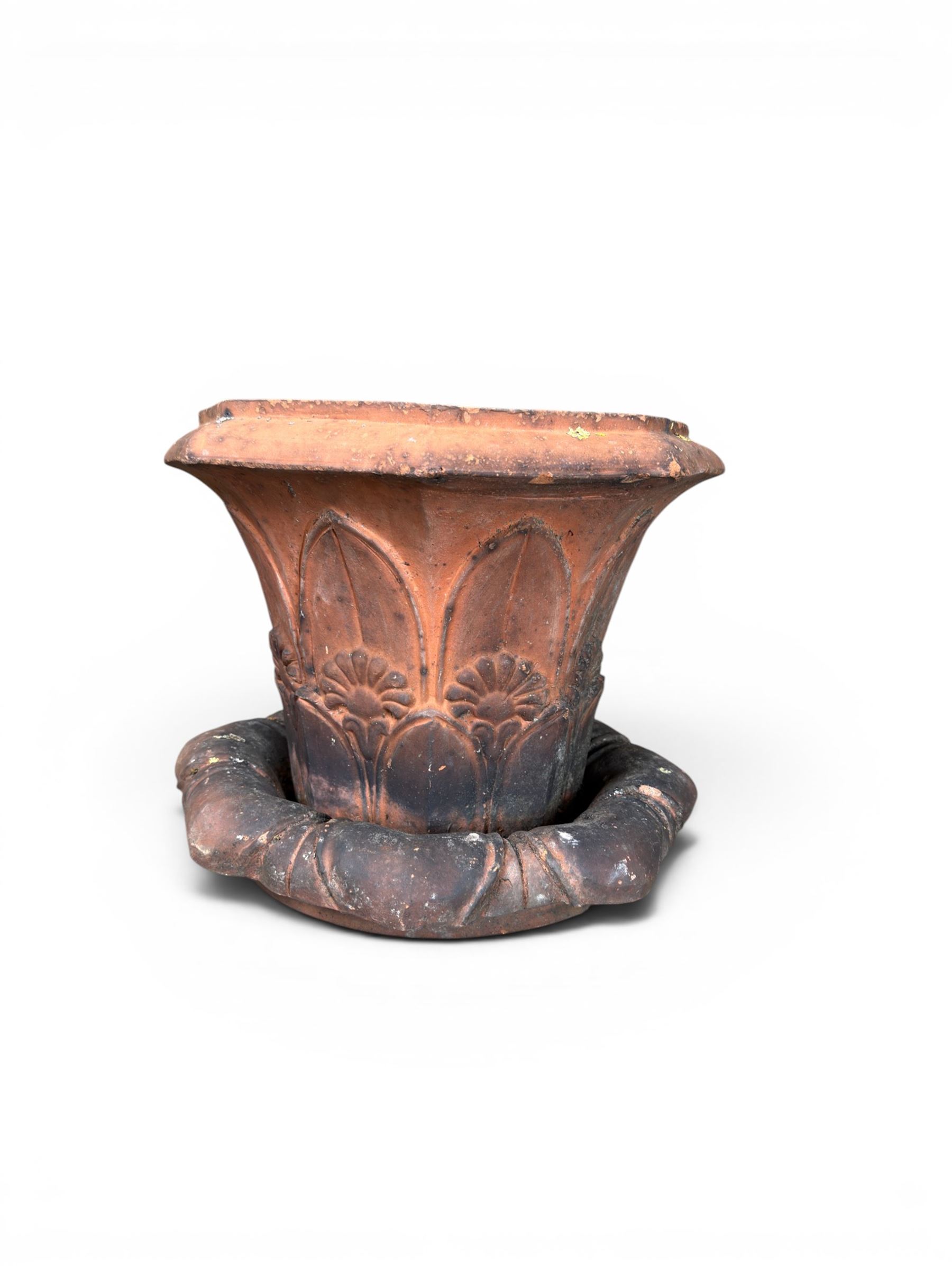 Small 19th century terracotta octagonal planter with stand, flower and leaf design