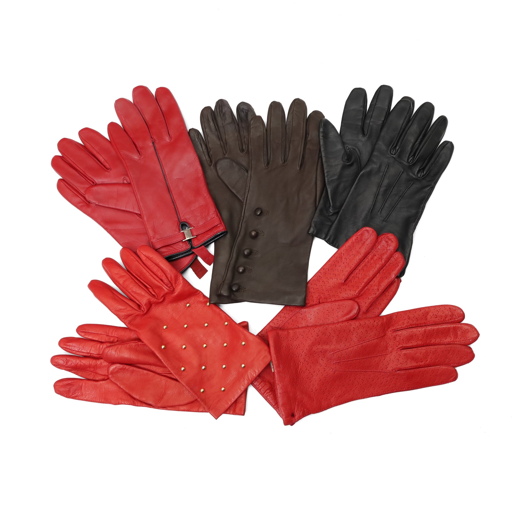 Harrods, Jaeger and others - five pairs of ladies’ leather gloves, comprising red Harrods studded gloves, brown Jaeger buttoned gloves and three further Italian pairs