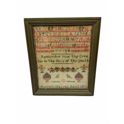 Early Victorian sampler, worked by Harriett Harvey, Aged 12, dated 1853, depicting urns of flowers, birds, crown and strawberry vine band, beneath lines of alphabet and text 'Remember now thy creator in the days of thy youth', framed and glazed, overall H37.5cm W31.5cm