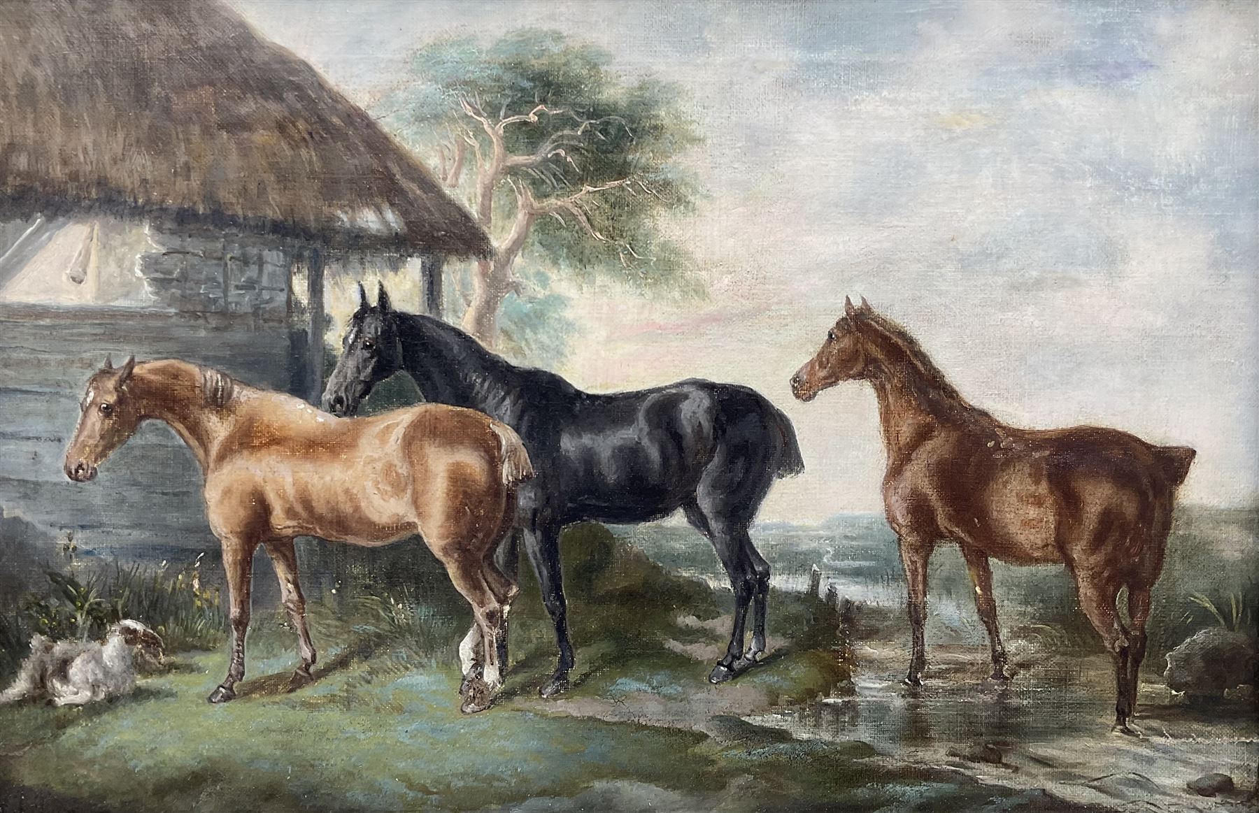 H J Jones (British 19th/20th century): Study of Three Hunters in Landscape, oil on canvas signed 38cm x 59cm