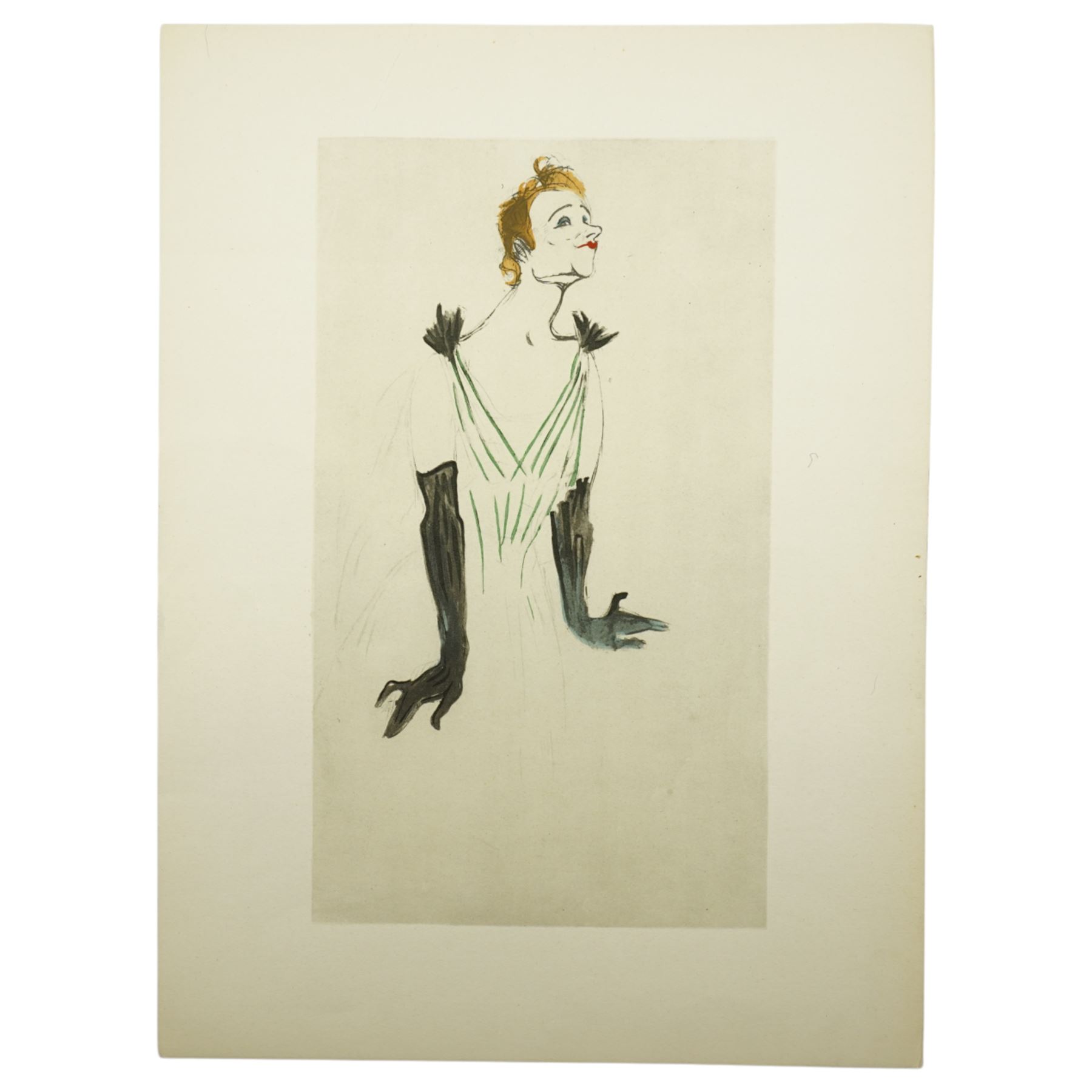 After Henri de Toulouse-Lautrec (French 1864-1901): Yvette Guilbert and Cabaret Scenes, set five lithographs one numbered 1118/1500 with printed monogram or blindstamp, together with exhibition poster Toulouse-Lautrec: Maison de la Pensée Française, Paris max 67cm x 47cm (6)