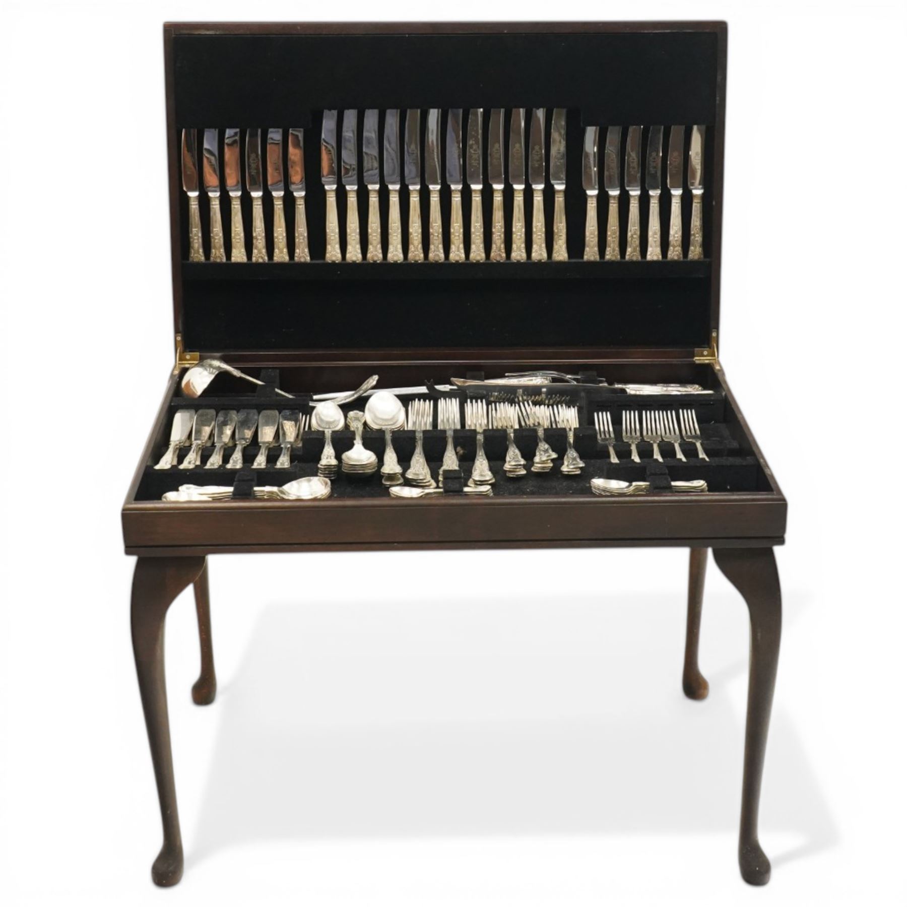 Canteen on stand containing a twelve-place set of King's pattern silver plated cutlery