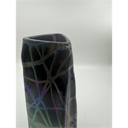 Austrian Art Nouveau Pallme-Konig vase, the tapering triangluar iridescent black glass body with irregular matt thread decoration, H26cm