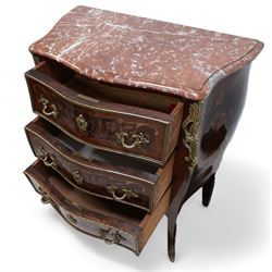 Early 20th century French walnut and rosewood marquetry bombe chest, shaped marble top over three drawers, each with gilt-metal cock-beading and handles, inlaid with overall floral decoration, flanked by gilt metal scrolling cartouche mounts and matching apron, on splayed supports