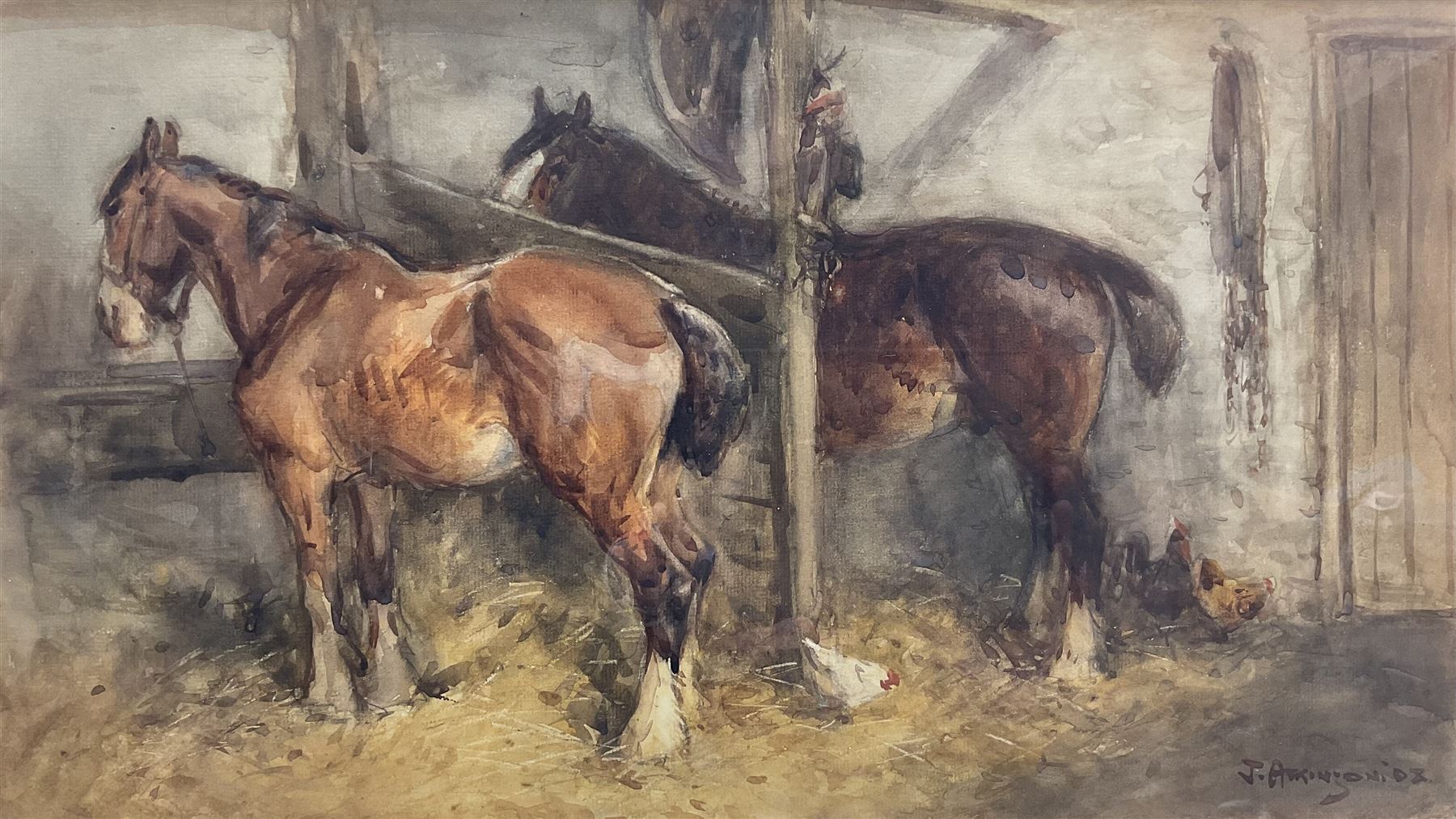 John Atkinson (Staithes Group 1863-1924): Horses in Stable Stalls, watercolour signed and dated '08, 27cm x 48cm