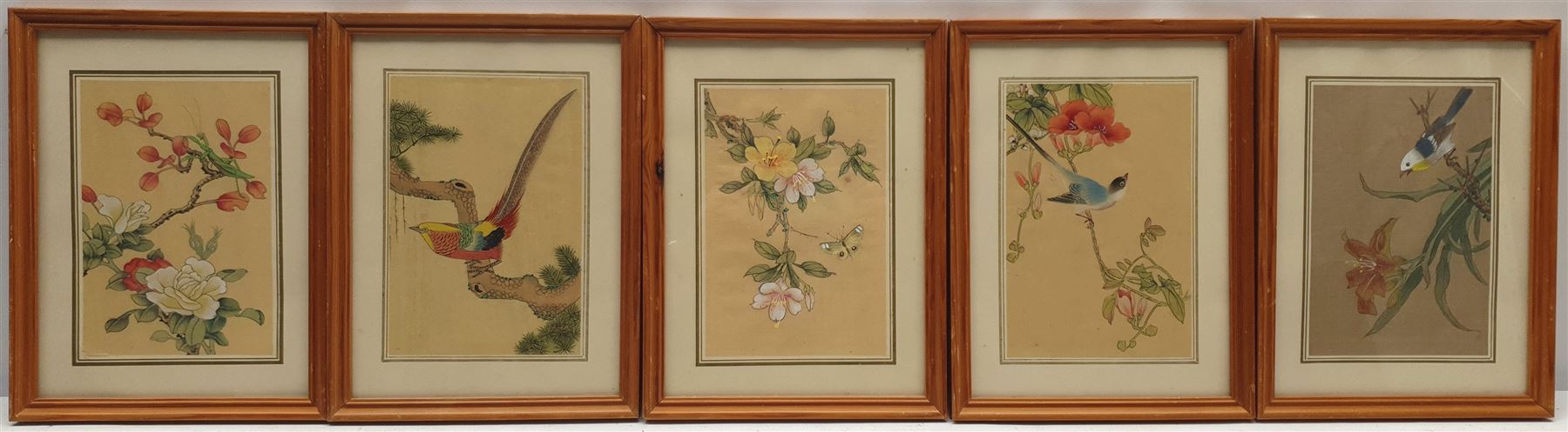 Chinese School (20th century): Birds and Flowers, set five watercolours on silk 18cm x 12cm, an etching of Tin Ghaut Whitby and a print of the same subject max 21cm x 13cm (7)