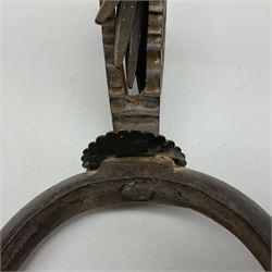 Pair of South American gaucho steel and brass spurs with twenty-two spike heel rowels, possibly Chilean L23cm