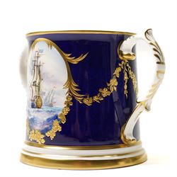 Lynton Porcelain Company loving cup, decorated with a British naval frigate, signed Stefan Nowacki, on a cobalt blue ground finely embellished in gilt enamel, printed marks to base, H11.5cm 