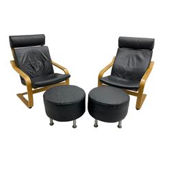IKEA - pair 'Poang' armchairs, oak finish frames with black leather seat cushions, and two circular footstools