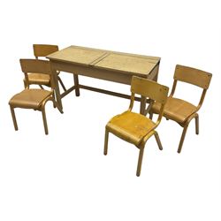 Mid-20th century beechwood school desk, rectangular lift-top desk with storage compartment, supported by square legs with cross stretchers; four matching beech chairs (5)