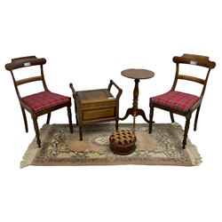 Pair of 19th century rosewood chairs with tartan upholstered drop-in seats (W46cm H88cm); 19th century walnut commode stool; 19th century mahogany wine table; oak framed firescreen with glazed tapestry panel; Chinese woollen rug; commode stool (6)