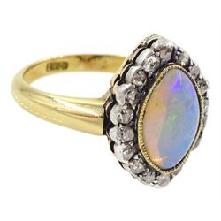 19th / early 20th century silver and gold, marquise cut opal and rose cut diamond cluster ring, stamped 18ct