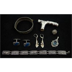 Collection of Russian silver jewellery including pair of blue guilloche enamel cufflinks, stone set pendant, stone set earrings, bracelet, pendant, niello silver bangle, all stamped or hallmarked and a silver parasol handle, London 1902
