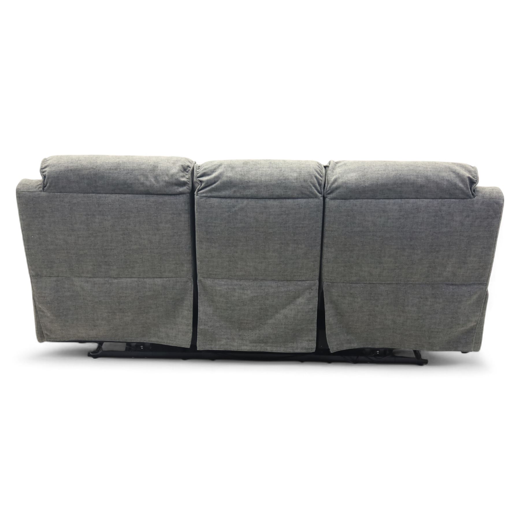 Oak Furnitureland - charcoal fabric electric recliner suite, comprising three-seat sofa and two matching armchairs, each with power reclining mechanism and integrated USB-A charging socket, upholstered in soft charcoal grey fabric with pillow arms and split back cushions

Armchairs W 100, D 82, H 104cm
Sofa W 230cm, D 82cm, H 104cm