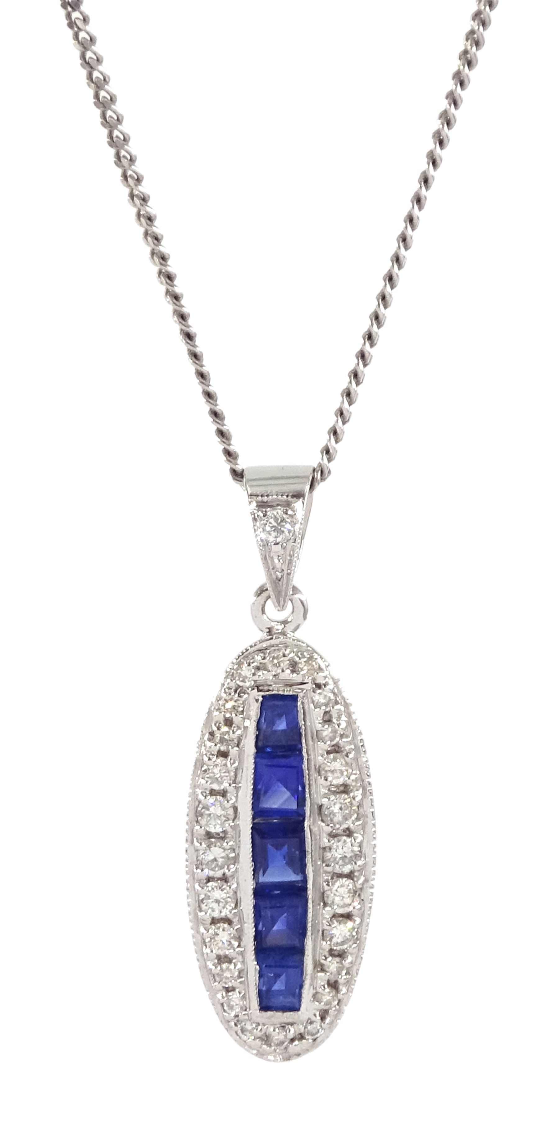 18ct white gold milgrain set calibre cut sapphire and round brilliant cut diamond pendant necklace, hallmarked, total diamond weight 0.30 carat