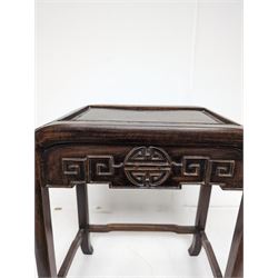 Chinese hardwood stand/stool, decorated in relief with symbols, H42.5cm