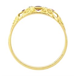 18ct gold ruby and diamond ring, five alternate round cut rubies and rose cut diamonds, in a scroll design setting, Sheffield 2004